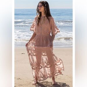 POL Crochet‎ Lace Plunging Neckline Side Slit Romper/Maxi Dress -- S/M
